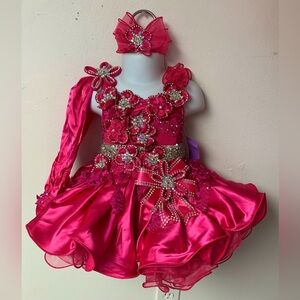 9/12 Mnth Beaded Corset Cupcake Pageant Dress Removable Sleeve headband/Bow NWT